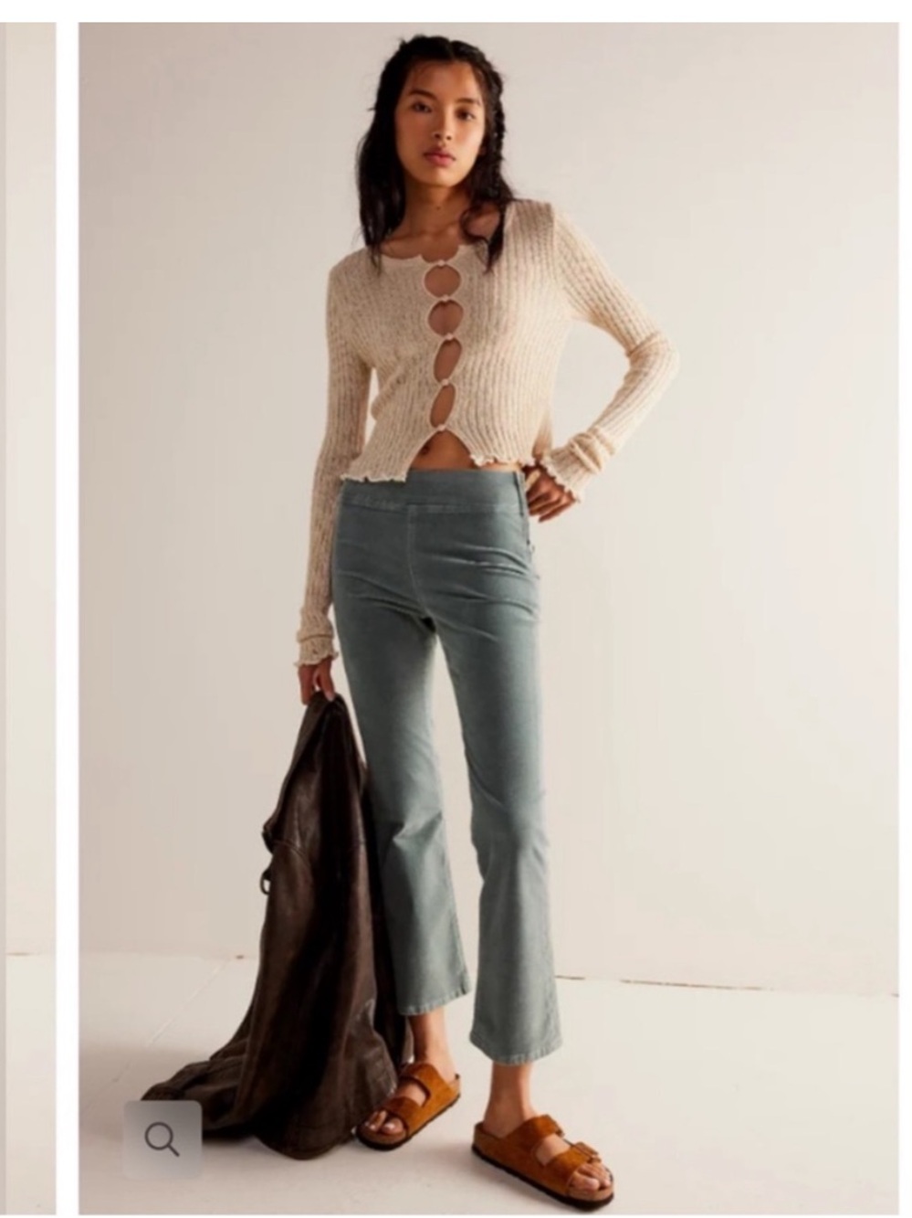 Free People Boot Cut Crop Light Green Velvet Pants w/ Back Pockets